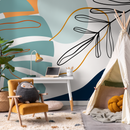 Abstract Wallpaper with Botanical Line Art and Shapes in Teal, Orange, and Blue - C063