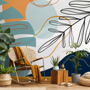 Abstract Wallpaper with Botanical Line Art and Shapes in Teal, Orange, and Blue - C063