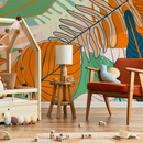 Tropical Wallpaper with Stylized Leaves in Orange, Green, and Teal - C075