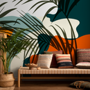Tropical Wallpaper with Abstract Leaf Shapes in Teal, Orange, and Dark Green - C080