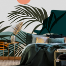 Tropical Wallpaper with Abstract Leaf Shapes in Teal, Orange, and Dark Green - C080