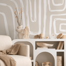 Modern Abstract Wallpaper with Curved Brushstroke Lines in Beige and White - C089