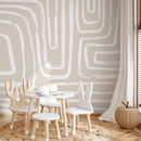 Modern Abstract Wallpaper with Curved Brushstroke Lines in Beige and White - C089