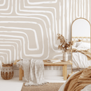 Modern Abstract Wallpaper with Curved Brushstroke Lines in Beige and White - C089