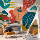 Abstract Wallpaper with Modern Organic Shapes in Teal, Yellow, and Red-Orange - C092