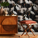 Chinoiserie Wallpaper Featuring Japanese Cranes in Black, White, and Red - C116