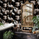 Chinoiserie Wallpaper Featuring Japanese Cranes in Black, White, and Red - C116