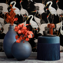 Chinoiserie Wallpaper Featuring Japanese Cranes in Black, White, and Red - C116