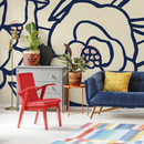 Floral Wallpaper with Bold Abstract Blooms in Navy Blue, Red, and Cream - C124