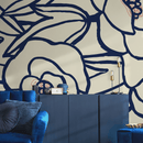 Floral Wallpaper with Bold Abstract Blooms in Navy Blue, Red, and Cream - C124