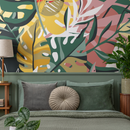 Botanical Wallpaper with Abstract Tropical Leaves in Green, Yellow, and Pink - C135