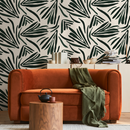 Abstract Wallpaper Featuring Bold Stylized Leaves in Dark Green - C145