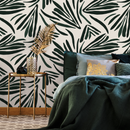 Abstract Wallpaper Featuring Bold Stylized Leaves in Dark Green - C145