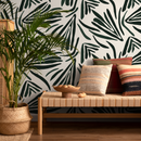Abstract Wallpaper Featuring Bold Stylized Leaves in Dark Green - C145