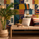 Abstract Wallpaper with Geometric Blocks in Terracotta, Mustard, and Teal - C146