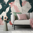 Abstract Botanical Wallpaper with Banana Leaf Line Art in Teal and Pink - C179