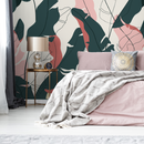 Abstract Botanical Wallpaper with Banana Leaf Line Art in Teal and Pink - C179