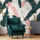 Abstract Botanical Wallpaper with Banana Leaf Line Art in Teal and Pink - C179