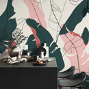 Abstract Botanical Wallpaper with Banana Leaf Line Art in Teal and Pink - C179