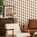 Geometric Wallpaper with an Interlocking L-Shape Motif in Brown and White - C182