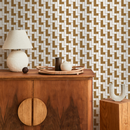 Geometric Wallpaper with an Interlocking L-Shape Motif in Brown and White - C182