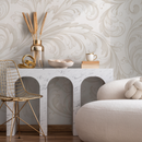 Damask Wallpaper with Elegant Acanthus Scrolls in Beige and Cream - C209