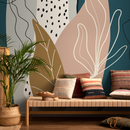 Scandinavian Wallpaper with Abstract Leaves in Teal, Warm Beige, and Brown - C212