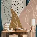 Scandinavian Wallpaper with Abstract Leaves in Teal, Warm Beige, and Brown - C212