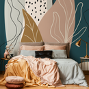 Scandinavian Wallpaper with Abstract Leaves in Teal, Warm Beige, and Brown - C212