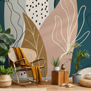 Scandinavian Wallpaper with Abstract Leaves in Teal, Warm Beige, and Brown - C212