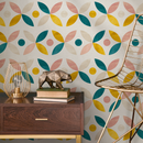 Geometric Wallpaper with Abstract Petals in Teal, Yellow, and Pink - C230