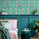 Floral Damask Wallpaper with a Bird and Vine Motif in Turquoise and Pink - C235