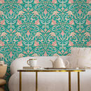 Floral Damask Wallpaper with a Bird and Vine Motif in Turquoise and Pink - C235