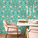 Floral Damask Wallpaper with a Bird and Vine Motif in Turquoise and Pink - C235