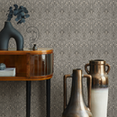Art Nouveau Wallpaper with an Elegant Fan Motif in Black and Beige - C239