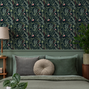 Chinoiserie Wallpaper with Birds and Berries in Green and Red on Black - C253