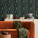 Chinoiserie Wallpaper with Birds and Berries in Green and Red on Black - C253