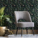 Chinoiserie Wallpaper with Birds and Berries in Green and Red on Black - C253