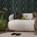 Chinoiserie Wallpaper with Birds and Berries in Green and Red on Black - C253