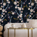 Floral Wallpaper with a Moody Wildflower Motif in Dark Blue, Cream, and Yellow - C266