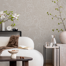 Floral Wallpaper with a Peony Line Art Motif in Taupe and White - C282