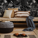 Abstract Floral Wallpaper with Textured Botanical Motifs in Black and White - C289