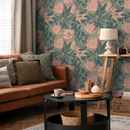 Floral Wallpaper with an Art Nouveau Peony Motif in Sage Green, Pink, and Teal - C292