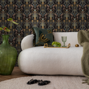 Art Nouveau Wallpaper with a Floral Damask Motif in Brown, Gold, and Blue - C295
