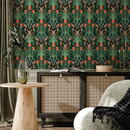 Art Nouveau Wallpaper with a Stylized Floral Damask in Green, Red, and Blue - C297