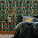 Art Nouveau Wallpaper with a Stylized Floral Damask in Green, Red, and Blue - C297