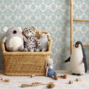 Damask Wallpaper Featuring a Classic Ornate Motif in Blue and Cream - C309