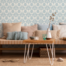Damask Wallpaper Featuring a Classic Ornate Motif in Blue and Cream - C309