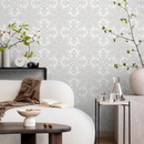 Damask Wallpaper with an Intricate Medallion Motif in Light Gray - C342