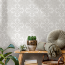 Damask Wallpaper with an Intricate Medallion Motif in Light Gray - C342